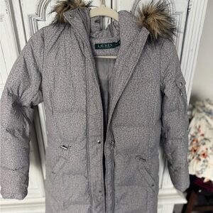Ralph Lauren Kids Gray Puffer Jacket with Faux Fur Trim